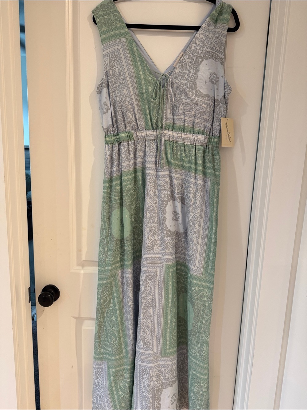 Universal Thread Paisley Print V-Neck Maxi Dress in Sage Green and Light Gray